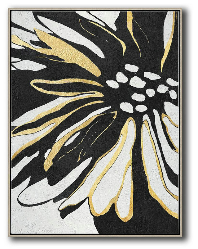 Hand-Painted Black And White Minimal Painting,Big Art Canvas #E9I2